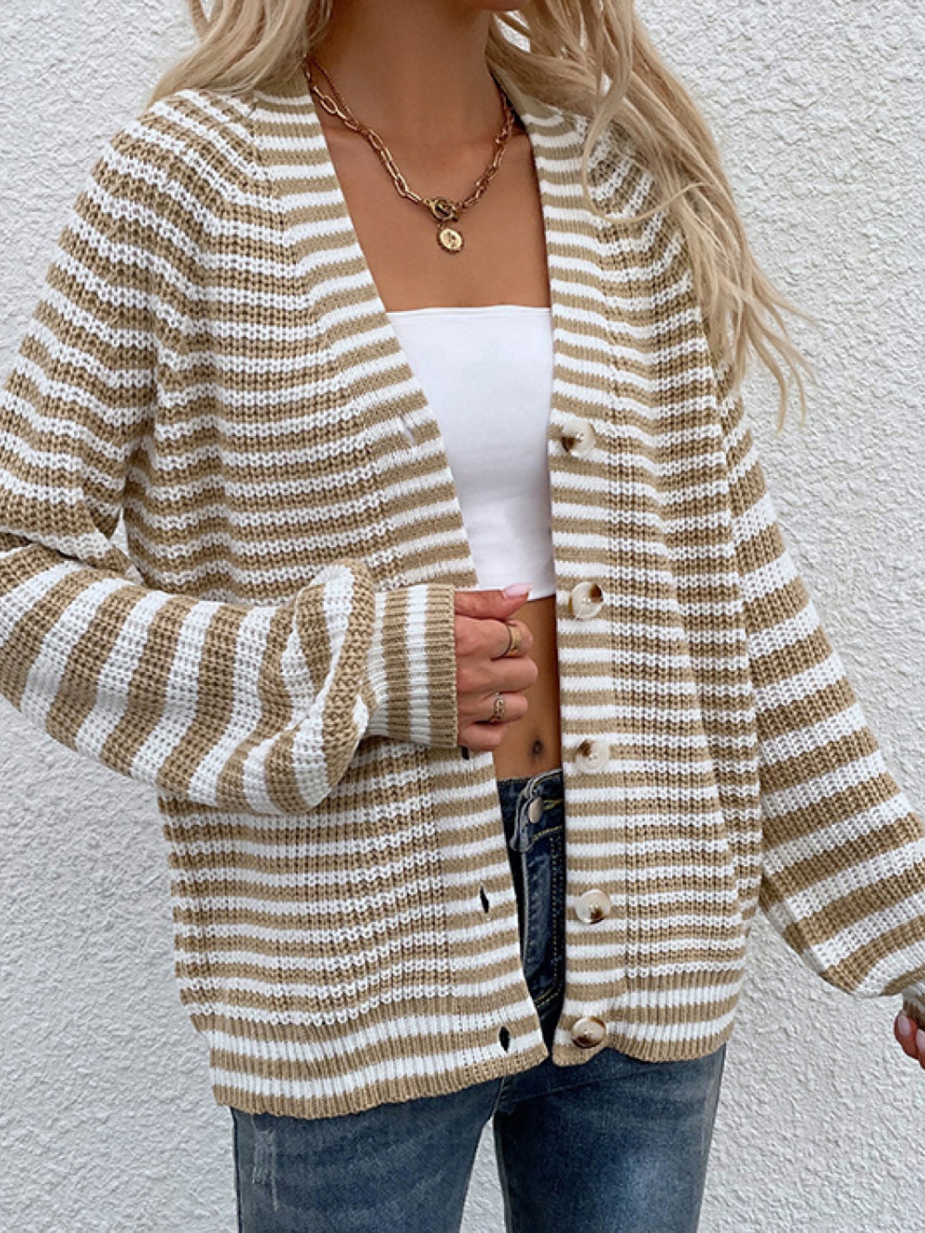 Striped Lantern Sleeve Button Down Cardigan