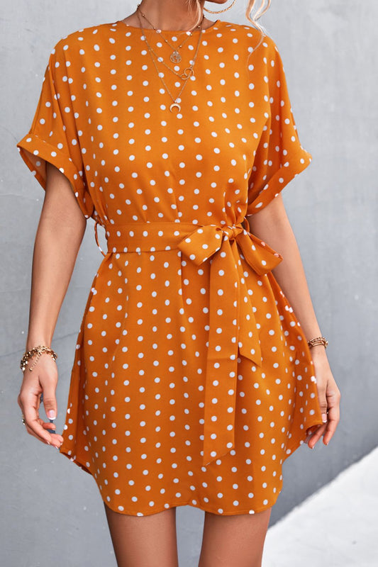 Polka Dot Tie-Waist Curved Hem Mini Dress