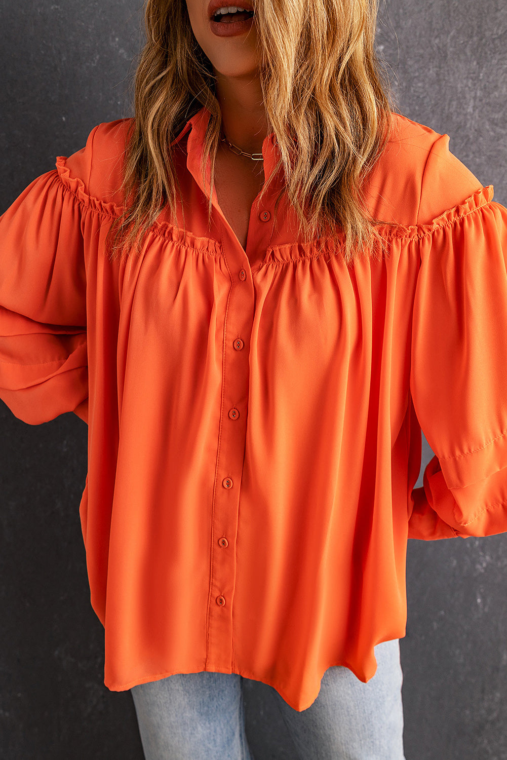 Frill Trim Button Front Lantern Sleeve Shirt