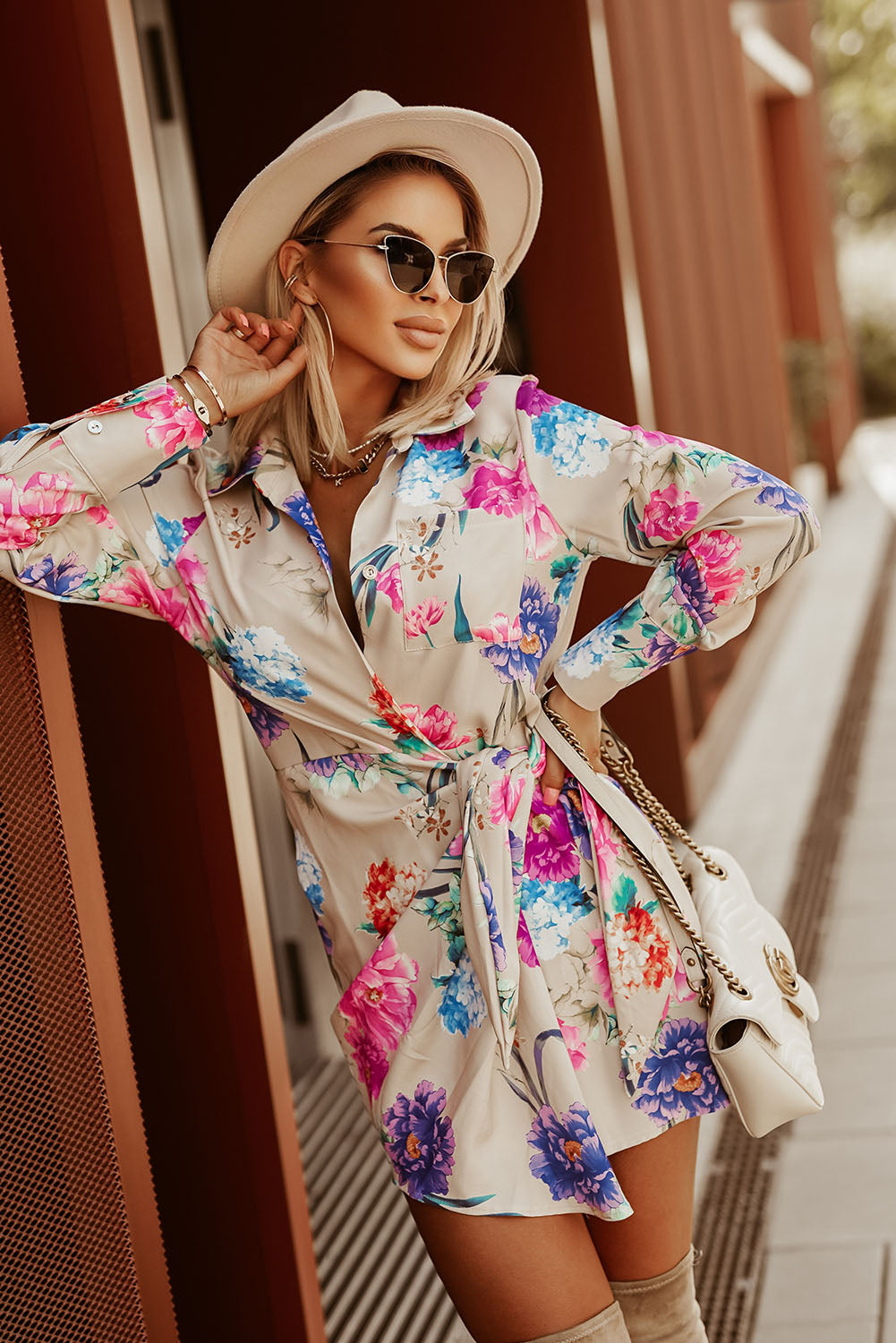 Floral Tie Waist Mini Shirt Dress