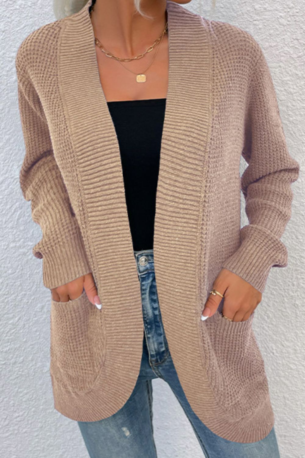 Ribbed Trim Longline Cardigan with Pockets