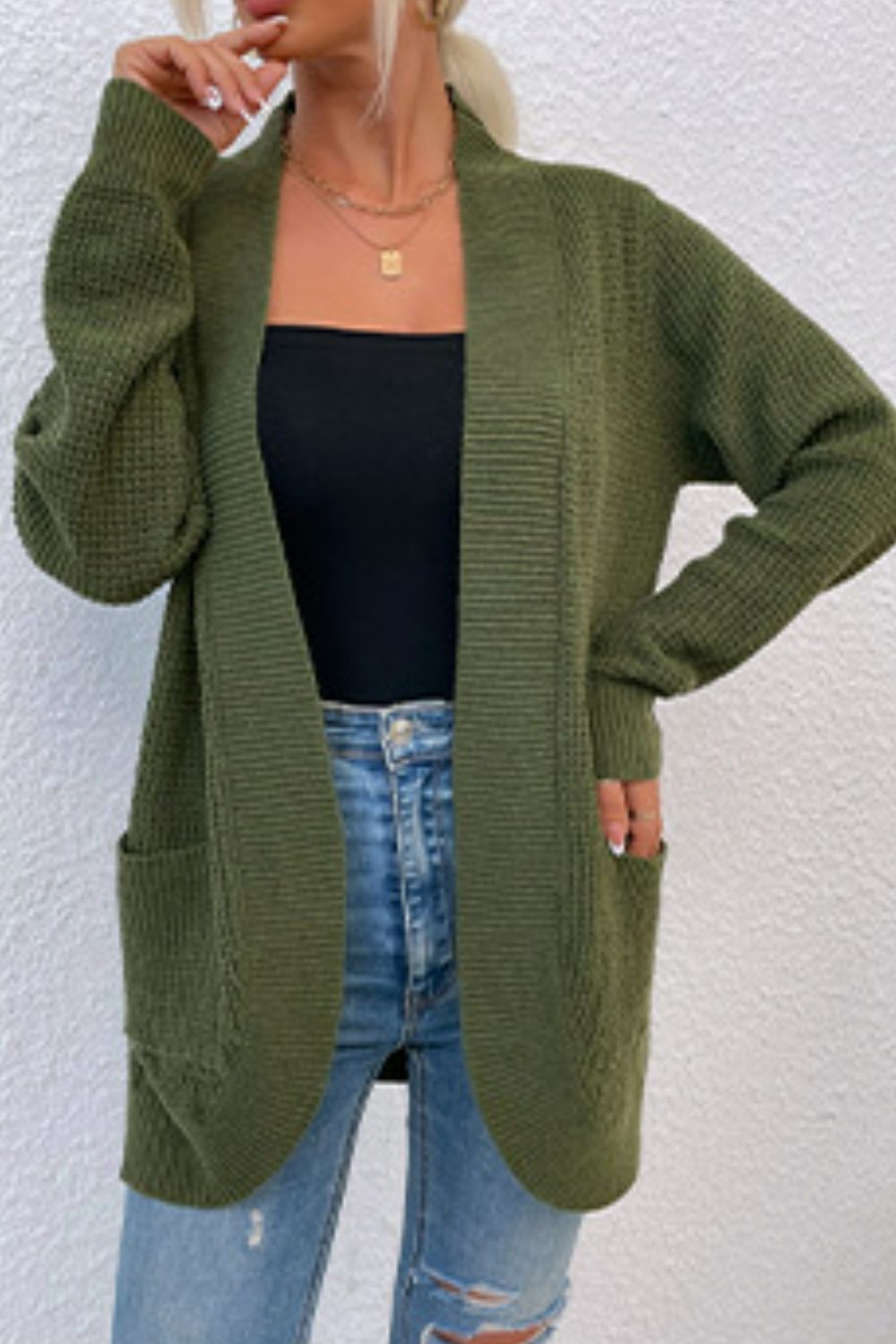 Ribbed Trim Longline Cardigan with Pockets