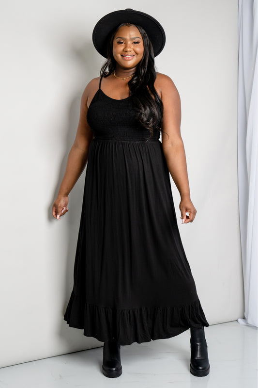 Sassy Look Full Size Spaghetti Strap Smocked Ruffle Hem Maxi Dress