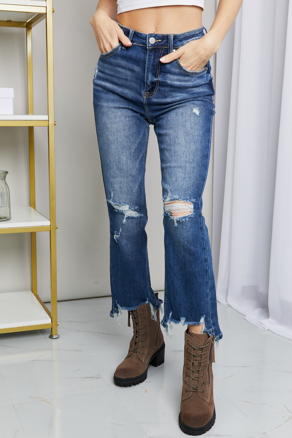 RISEN Full Size Frayed Hem Distressed Cropped Jeans