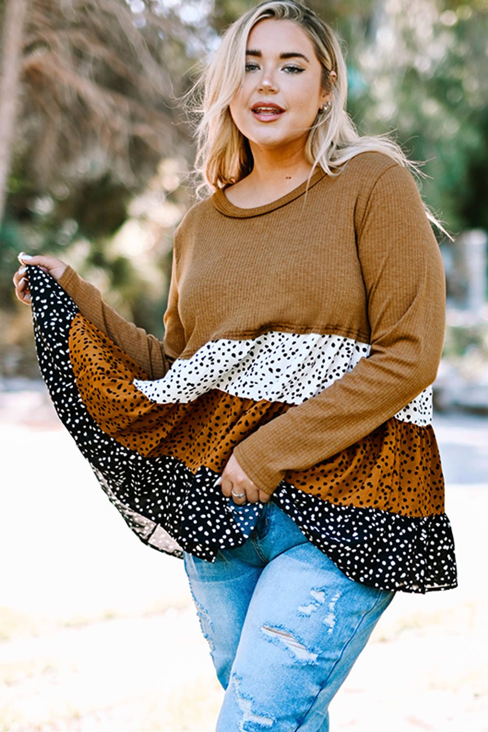 Plus Size Animal Print Color Block Ribbed Babydoll Top