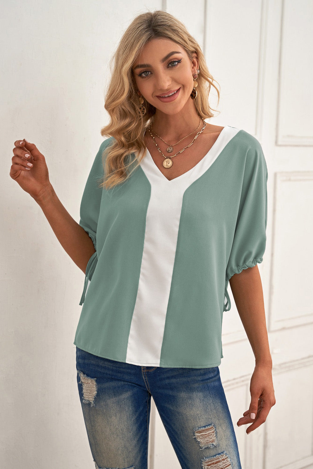 Contrast V-Neck Drawstring Cuff Blouse