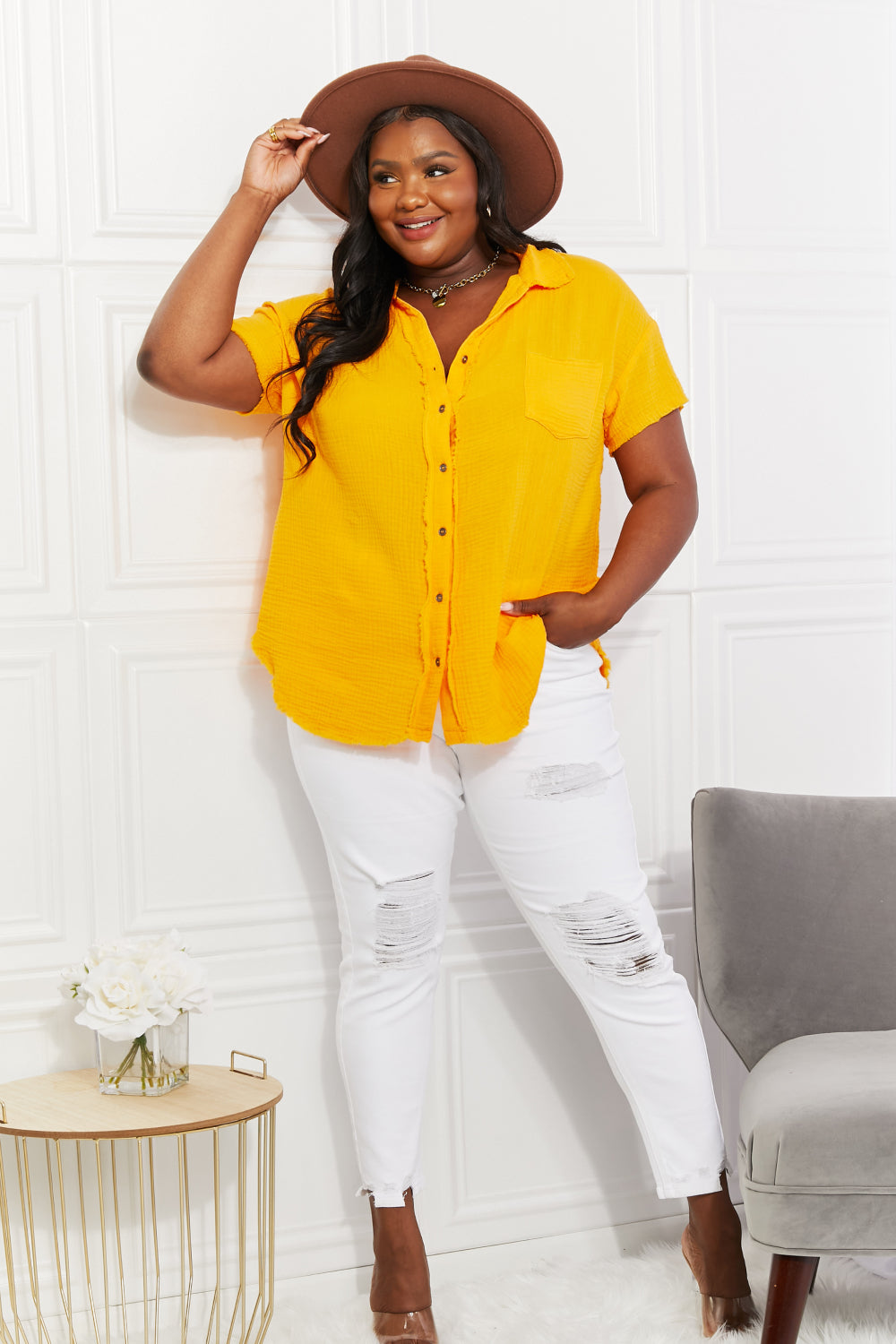 Zenana Full Size Summer Breeze Gauze Short Sleeve Shirt in Mustard