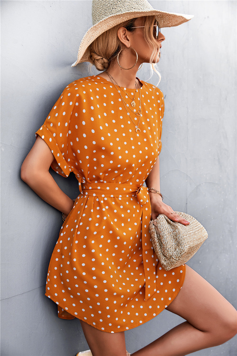 Polka Dot Tie-Waist Curved Hem Mini Dress