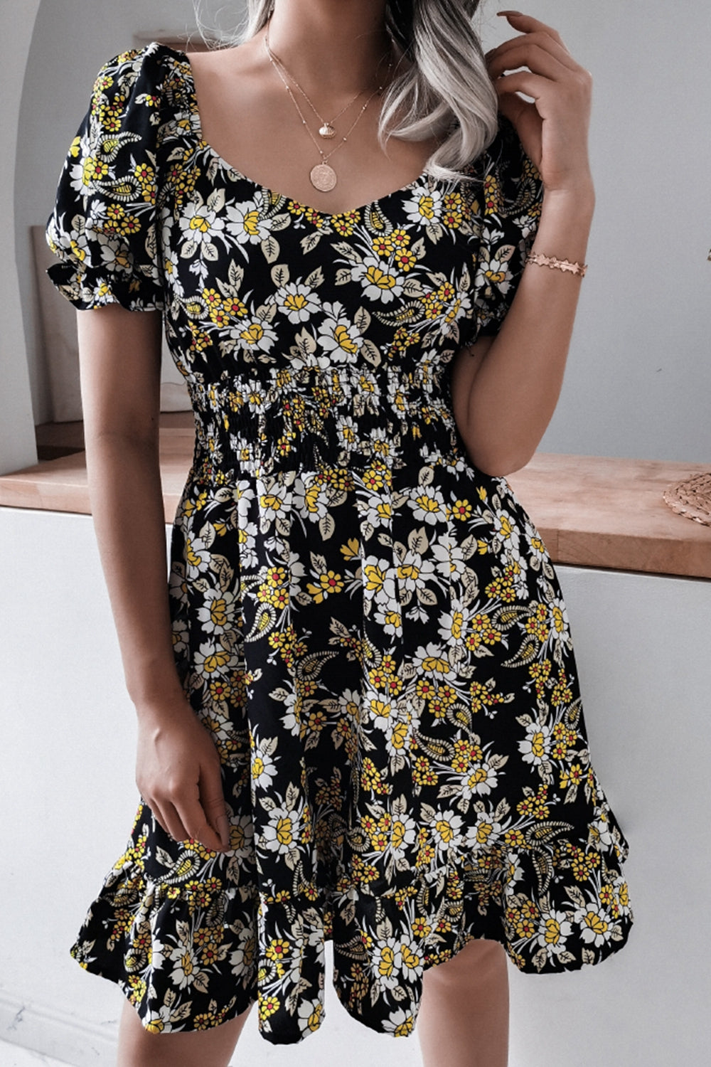 Floral Smocked Waist Puff Sleeve Dress