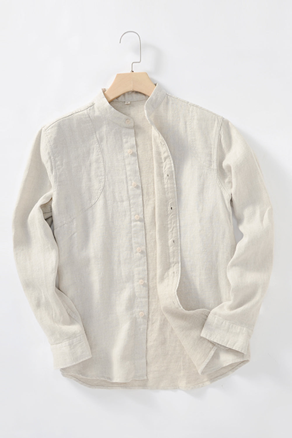 Buttoned Round Neck Long Sleeve Linen Shirt