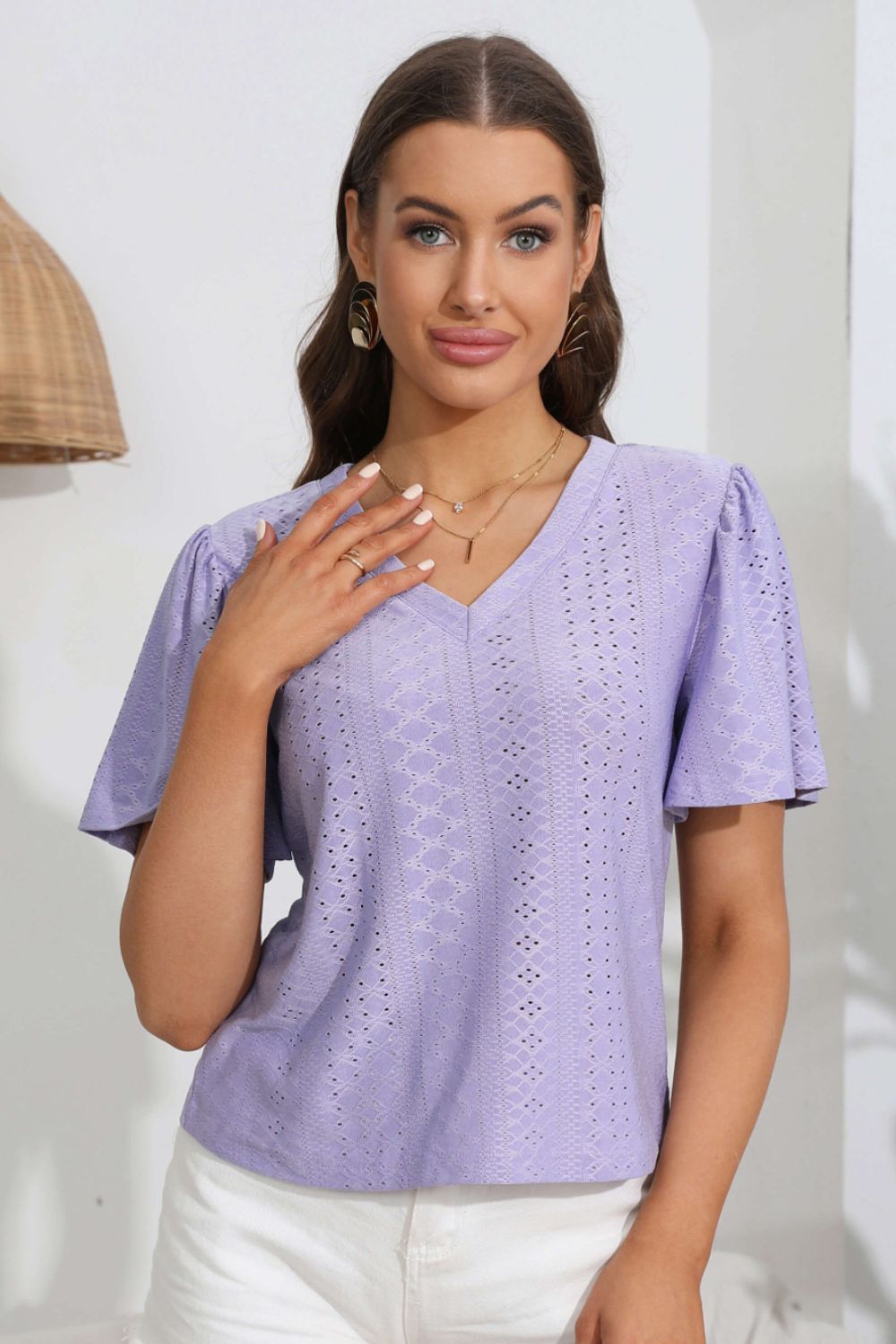 Eyelet V-Neck Flutter Sleeve Top