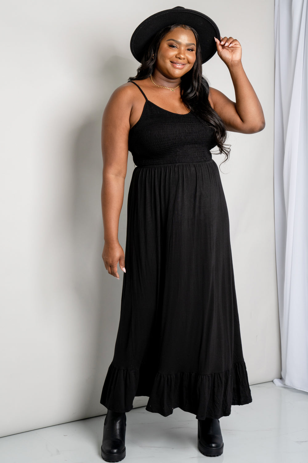 Sassy Look Full Size Spaghetti Strap Smocked Ruffle Hem Maxi Dress