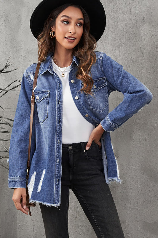 Distressed Raw Hem Denim Jacket with Pockets