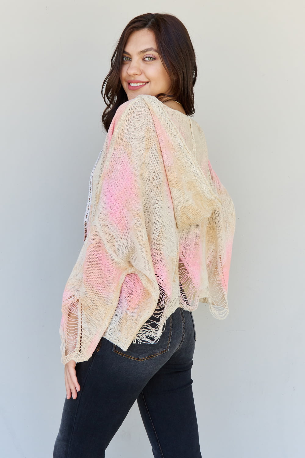 POL Mix It Up Tie Dye Hooded Distressed Sweater in Ivory/Pink