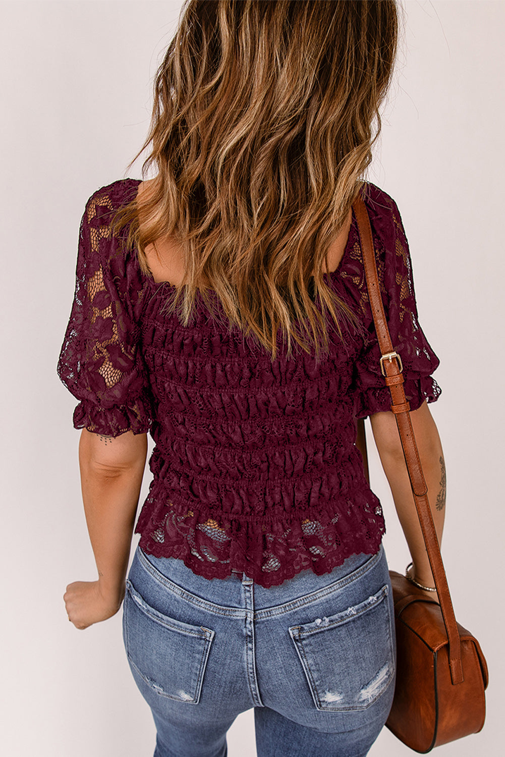 Lace Smocked Flounce Sleeve Blouse