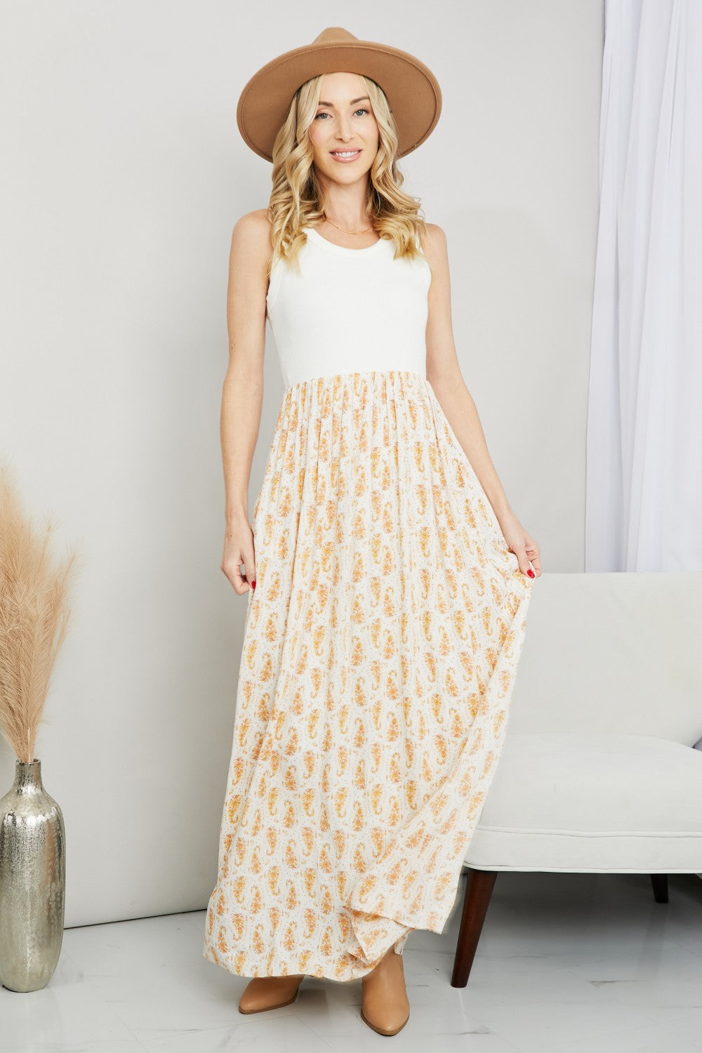 White Brich Full Size Printed Scoop Neck Sleeveless Maxi Dress