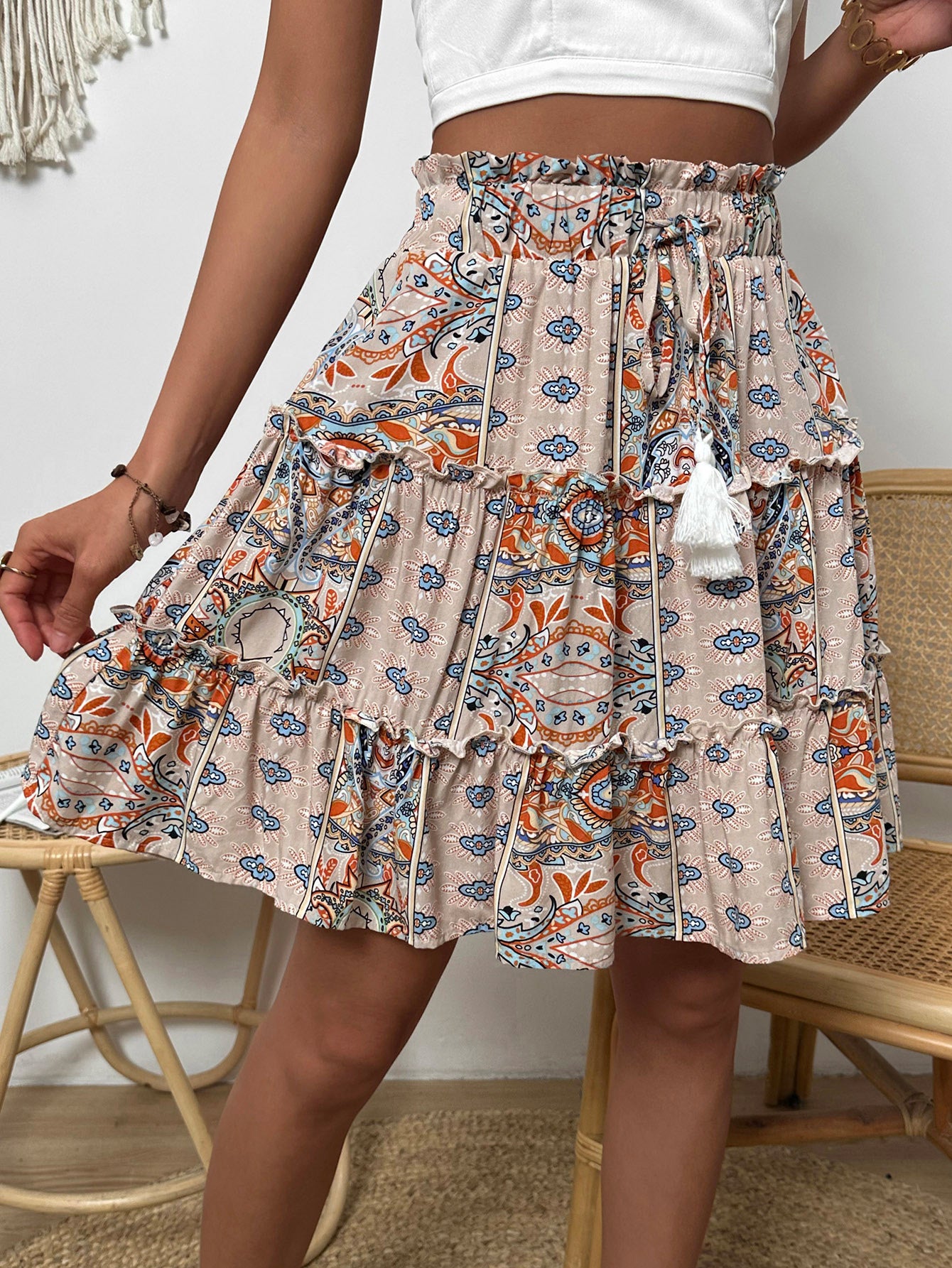 Printed Drawstring Waist Frill Trim Skirt