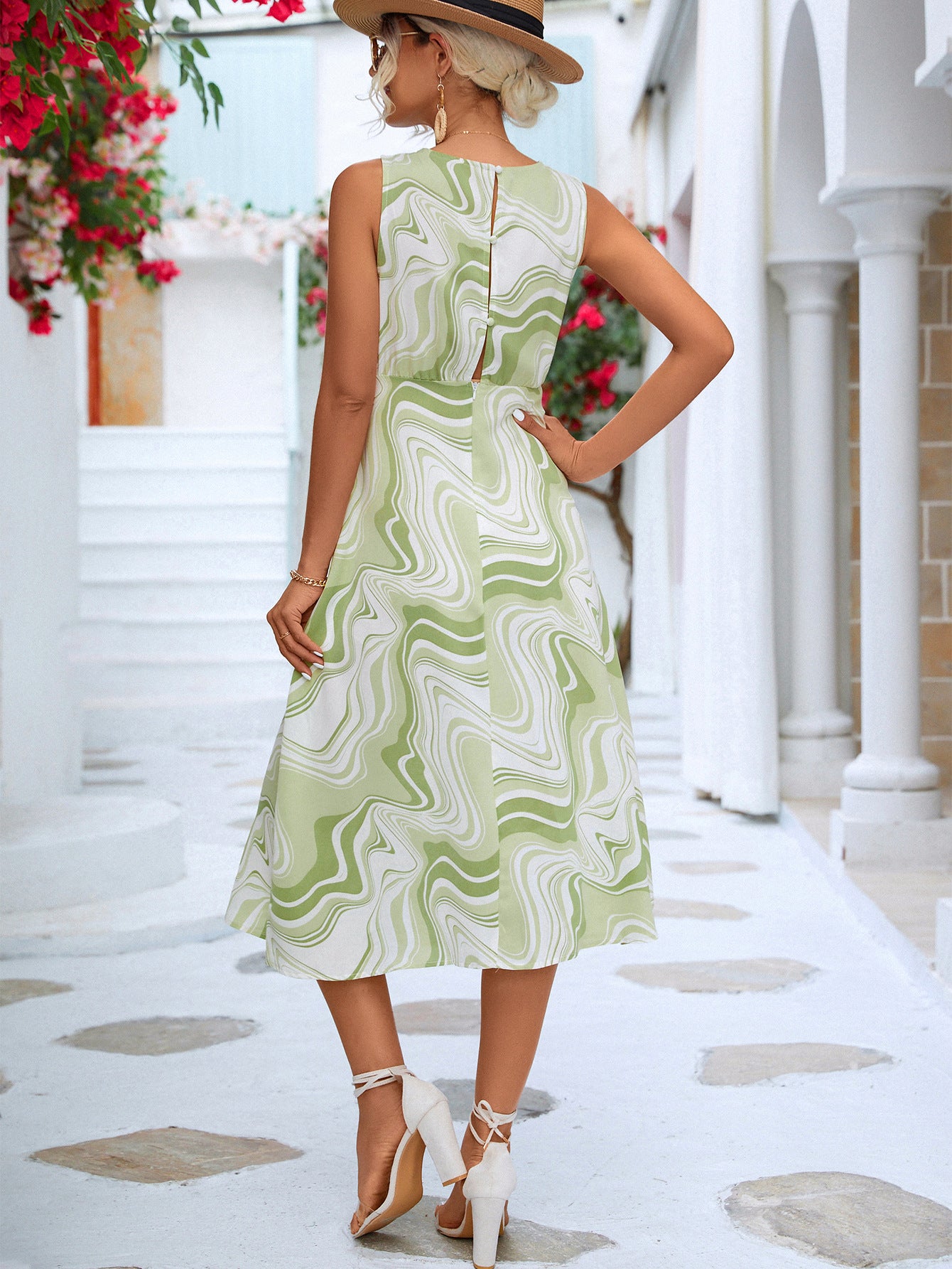 Printed Cowl Neck Sleeveless Dress