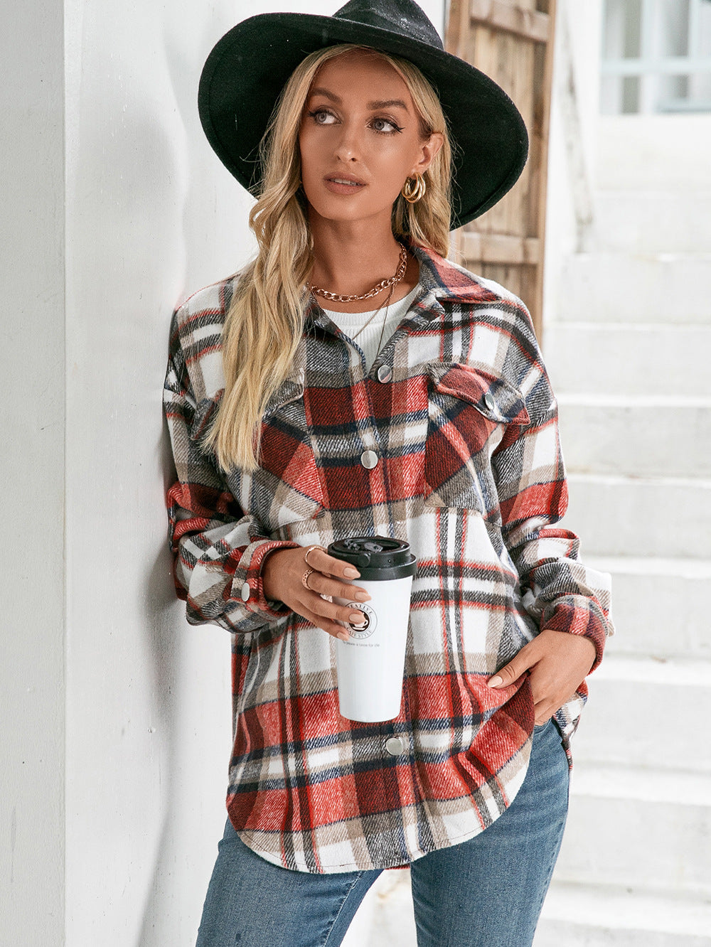 Meet You Outside Plaid Button Down Curved Hem Shacket