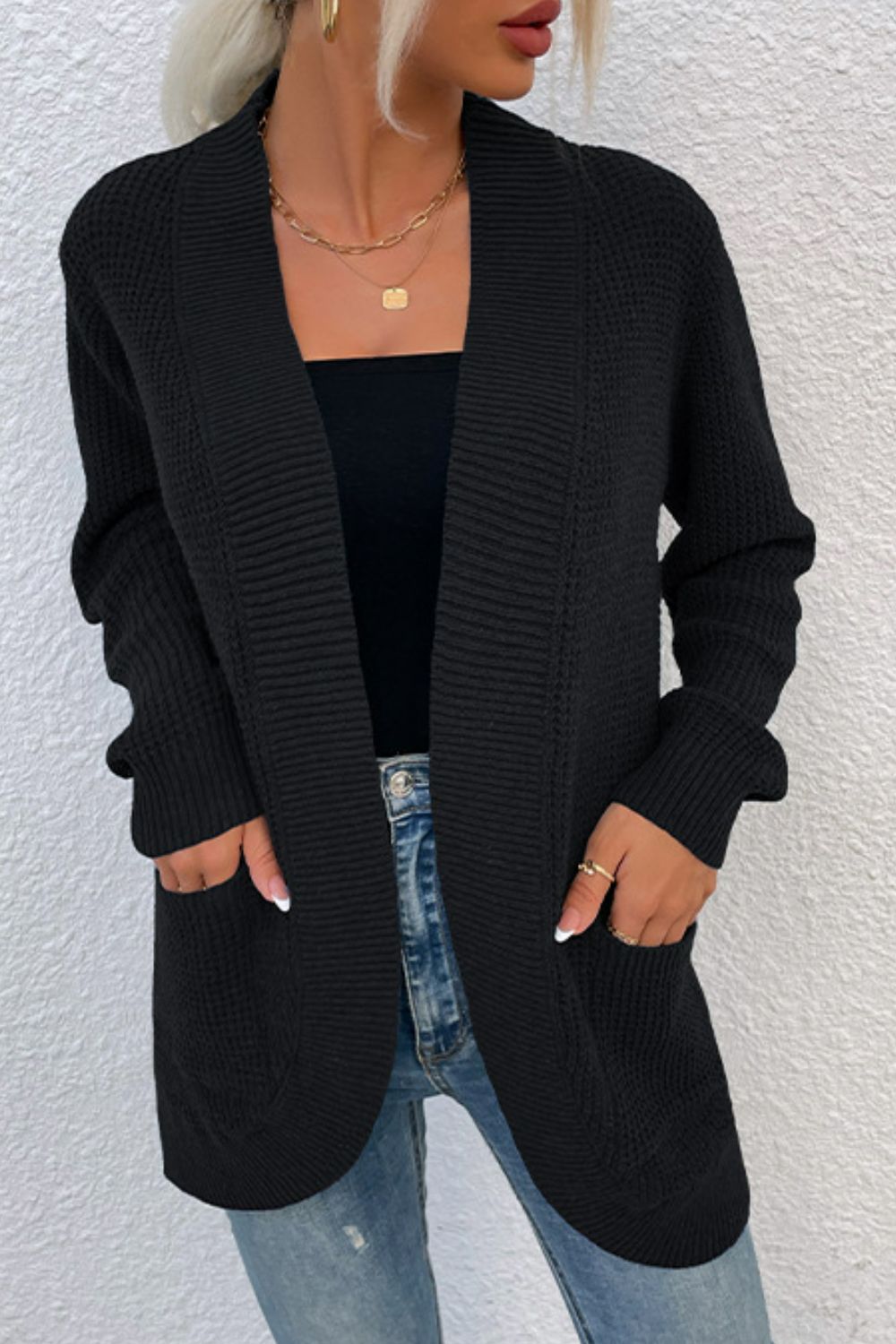 Ribbed Trim Longline Cardigan with Pockets