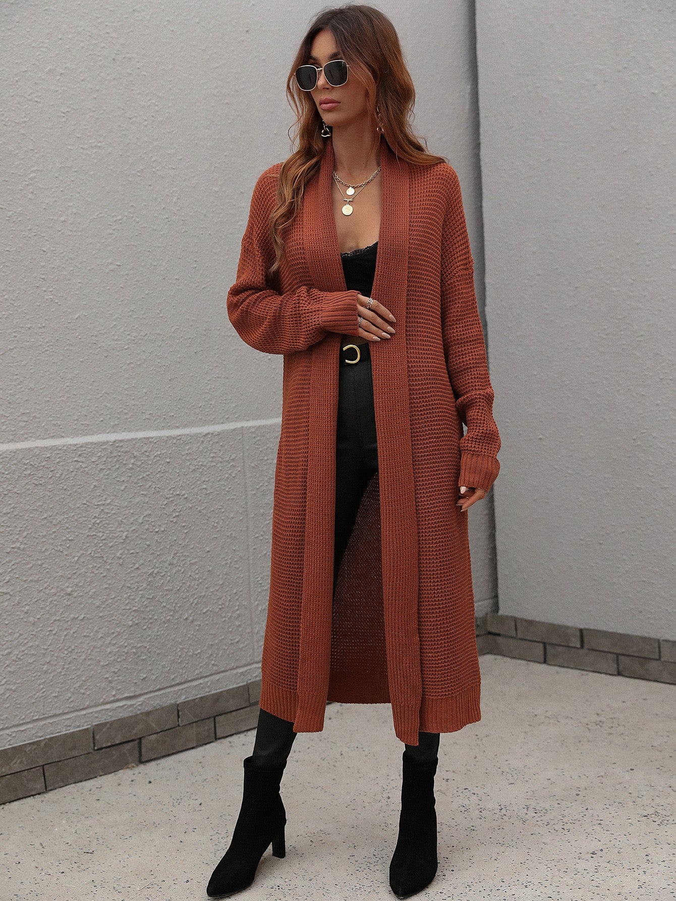 Waffle Knit Open Front Duster Cardigan With Pockets