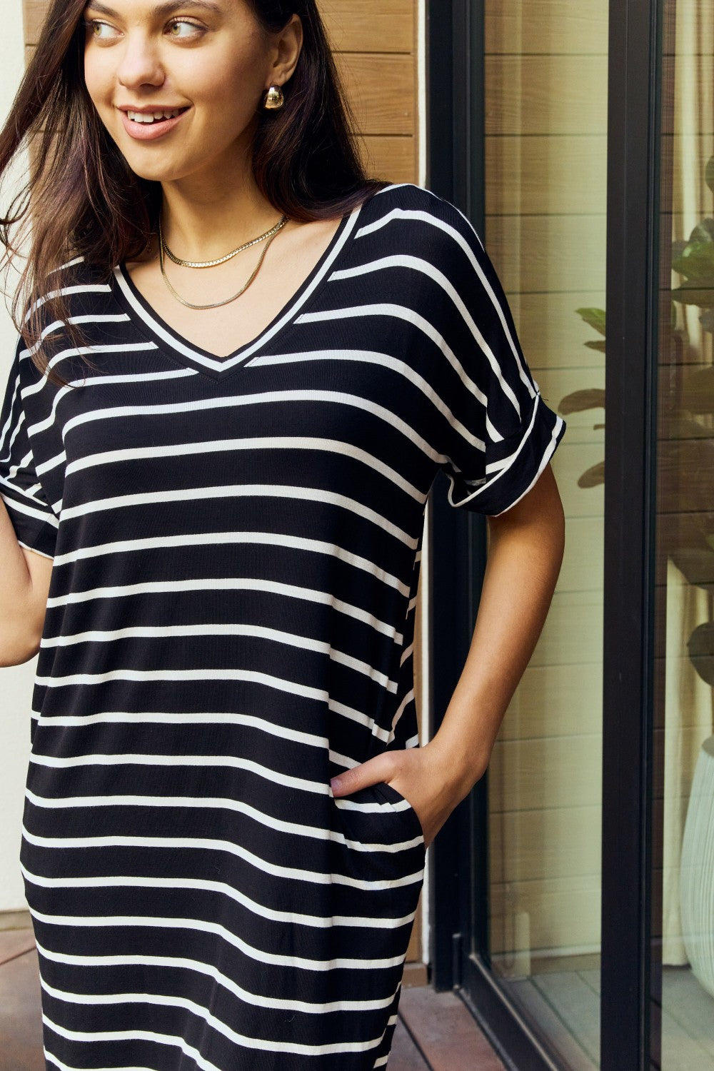 Zenana Full Size Striped V-Neck Pocket Dress in Black/Ivory