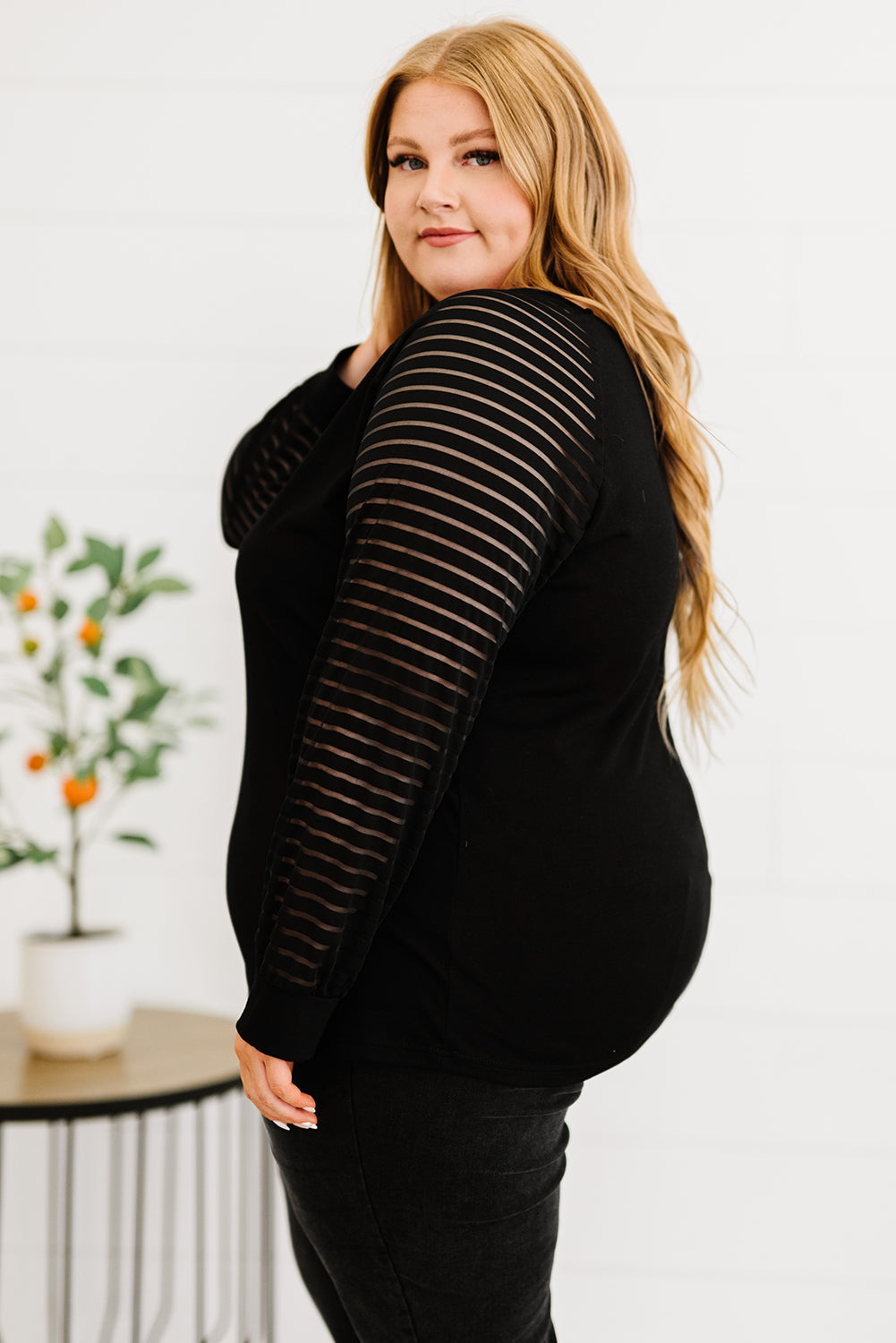 Plus Size Sheer Striped Sleeve V-Neck Top