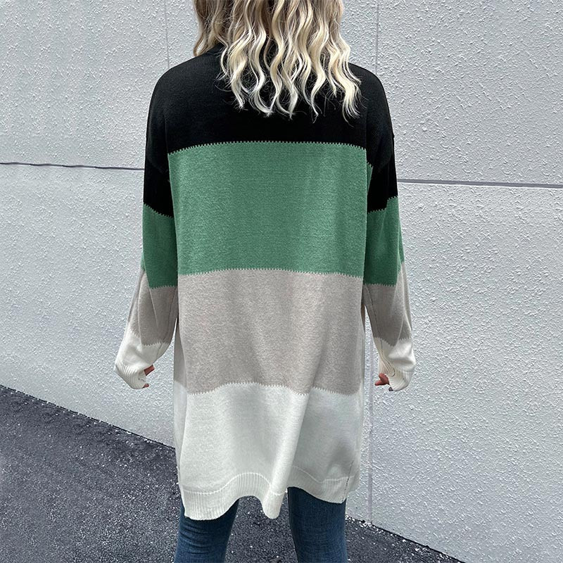 Color Block Ribbed Trim Open Front Longline Cardigan