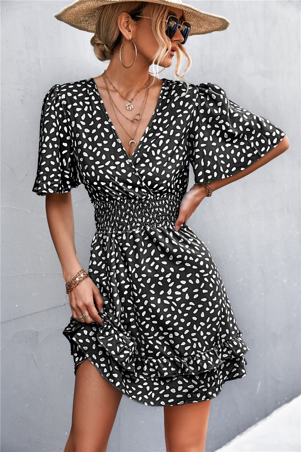 Printed Smocked Waist Layered Surplice Dress