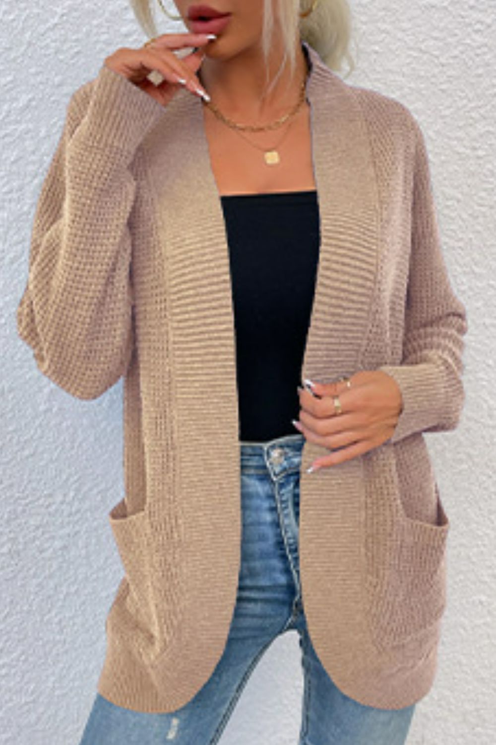 Ribbed Trim Longline Cardigan with Pockets