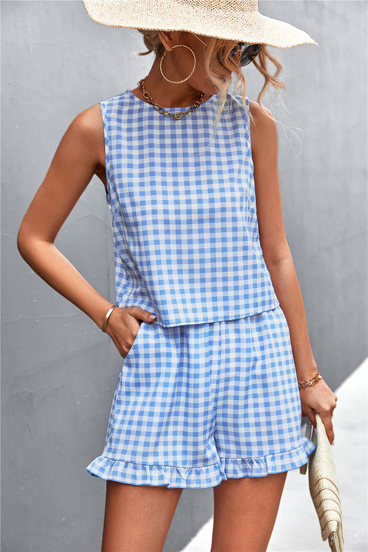 Gingham Sleeveless Top and Ruffle Hem Shorts Set