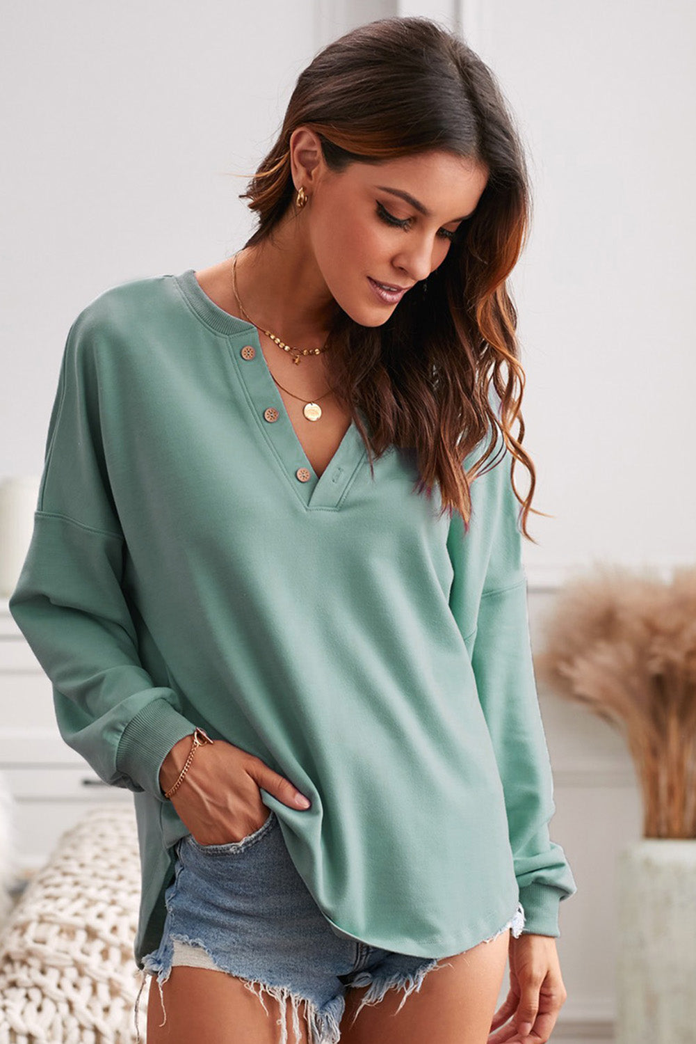 Button Detail Curved Hem Top