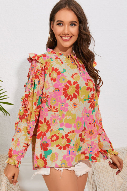 Double Take Floral Tie Neck Ruffled Blouse