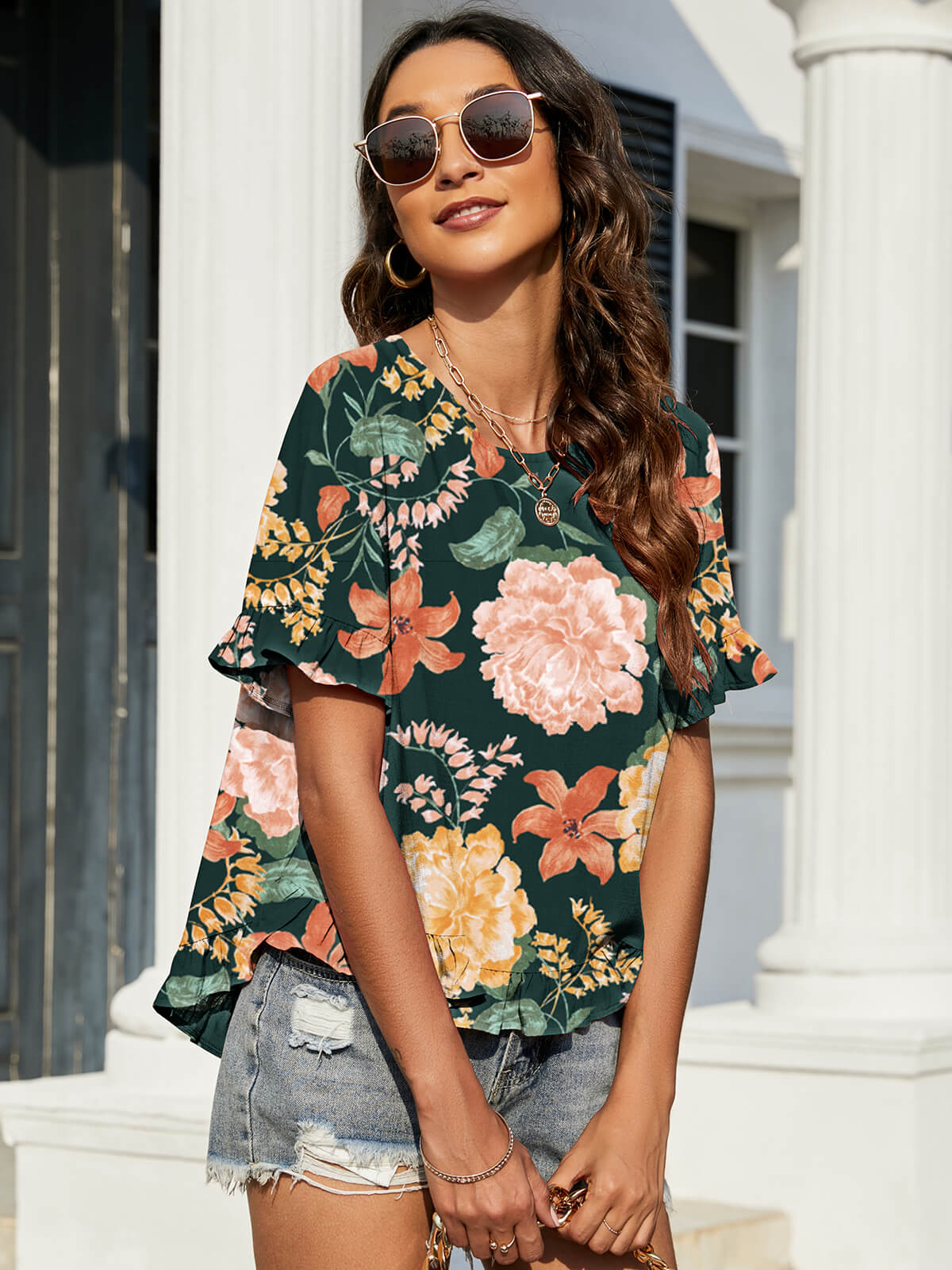 Floral Ruffled Flounce Sleeve Blouse