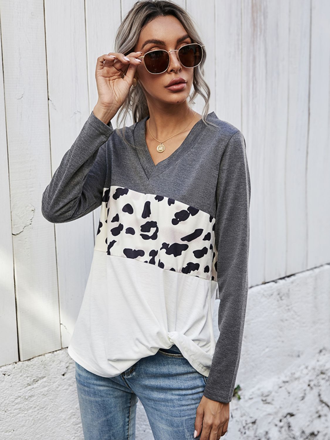 Leopard Color Block V-Neck Twisted Tee