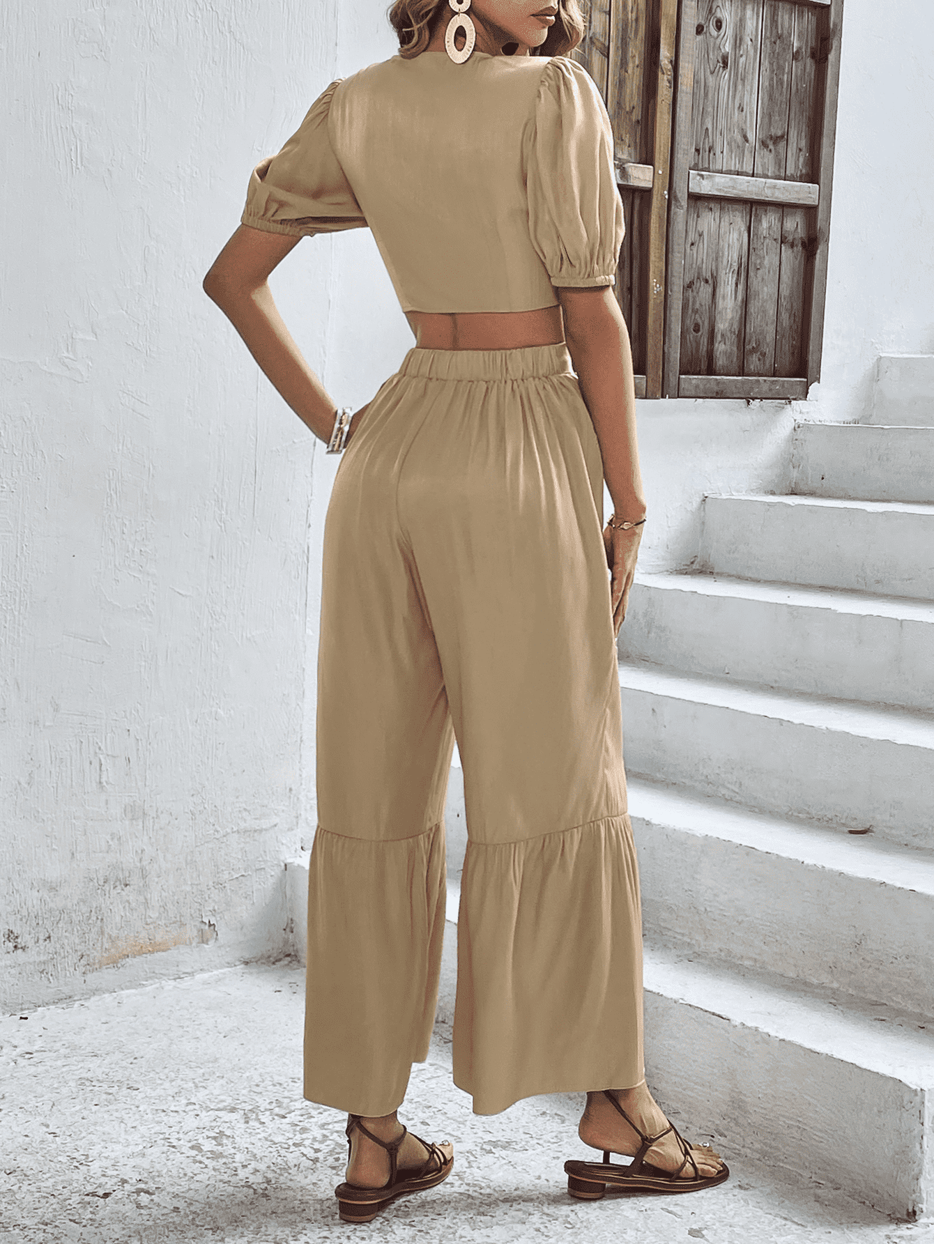 Puff Sleeve Cropped Top and Wide Leg Pants Set