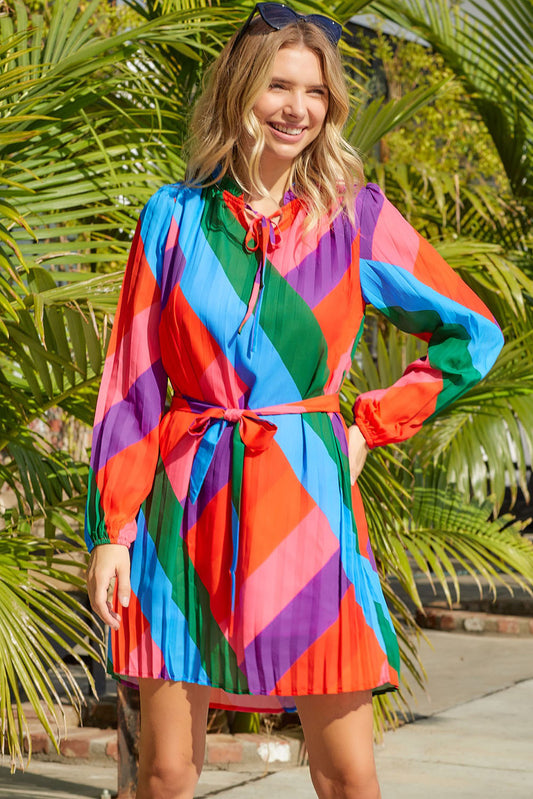 Multicolored Tie-Waist Pleated Balloon Sleeve Dress