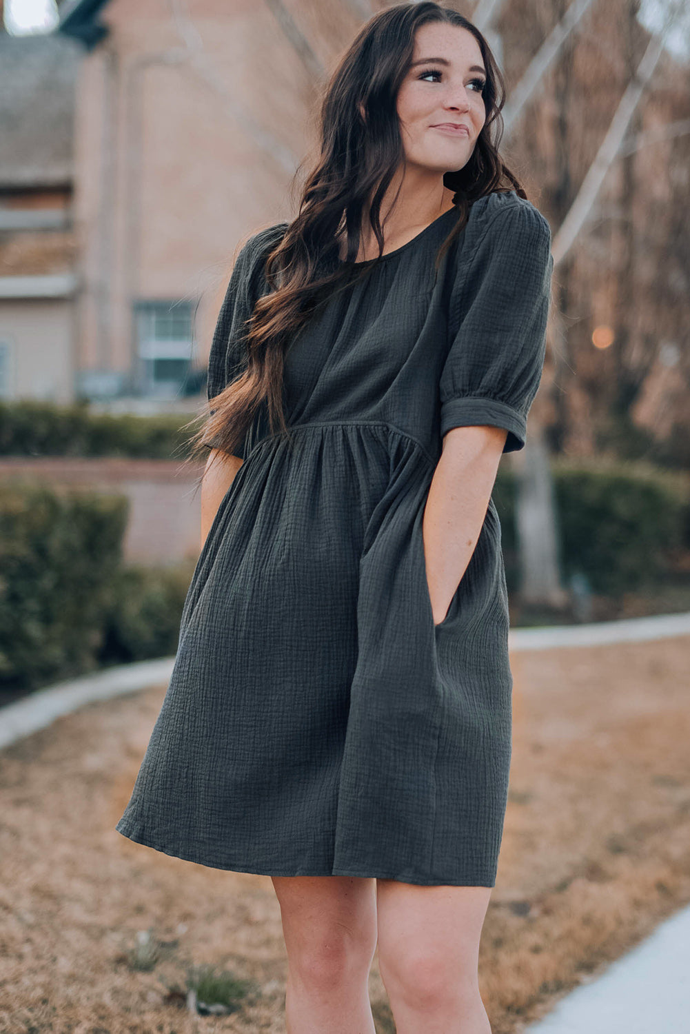Round Neck Puff Sleeve Dress with Pockets