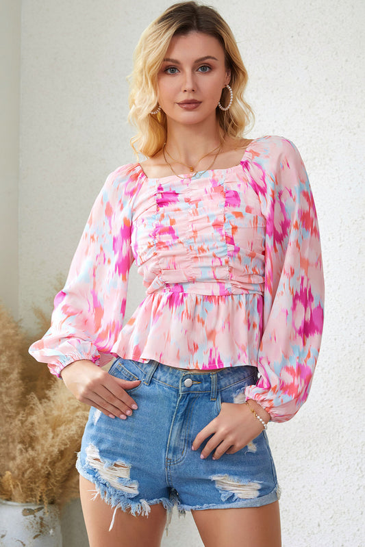 Printed Square Neck Raglan Sleeve Blouse