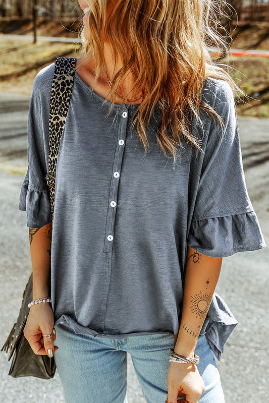 Button Front Flounce Sleeve Tee