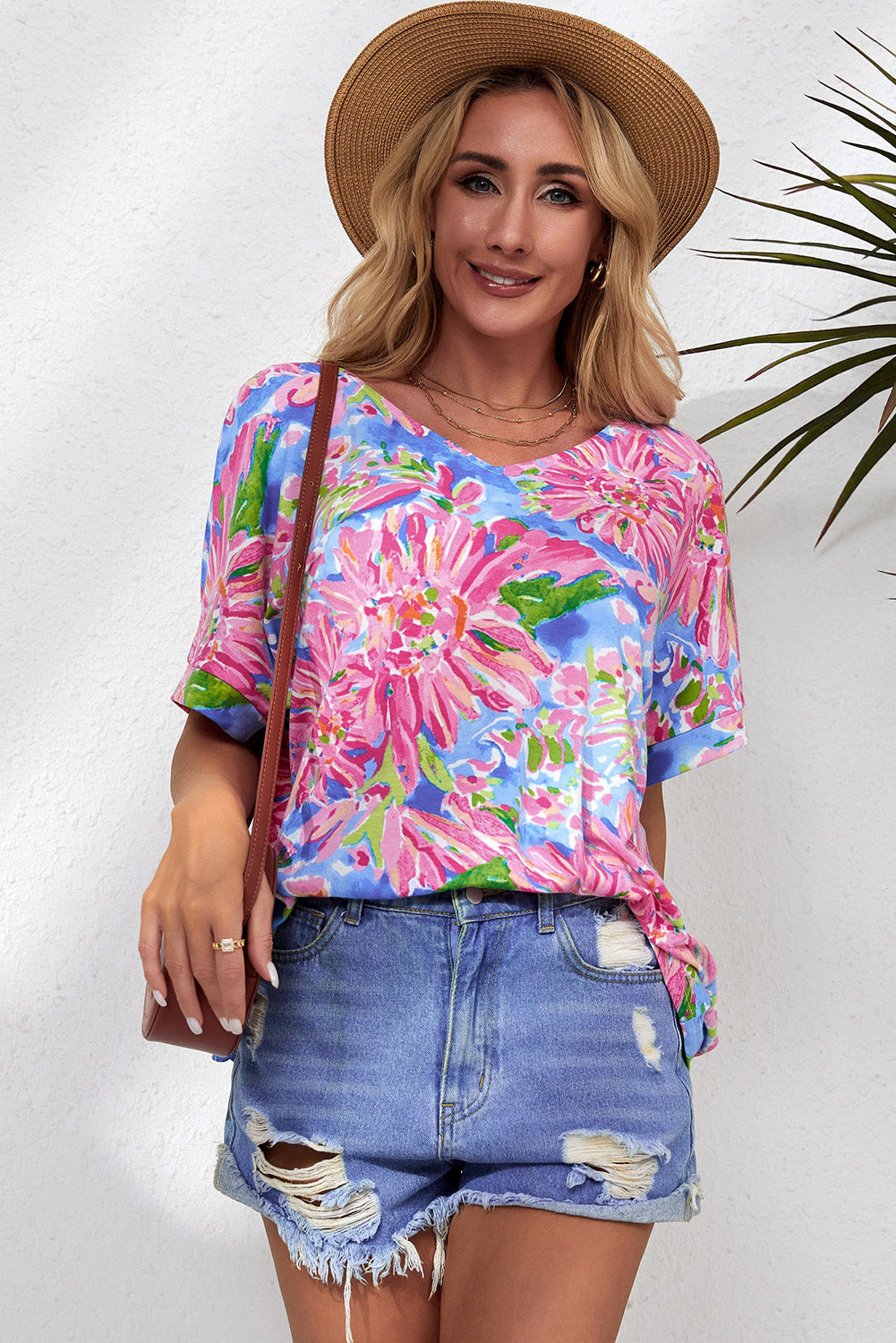 Floral V-Neck Short Sleeve Blouse