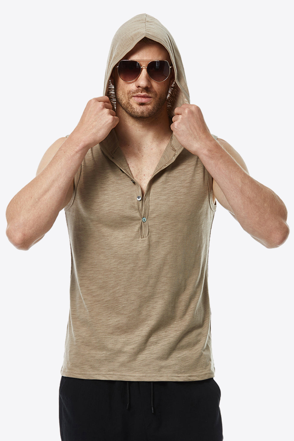 Quarter-Button Sleeveless Hoodie