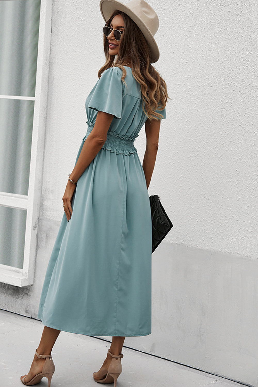 Smocked Waist Surplice Midi Dress