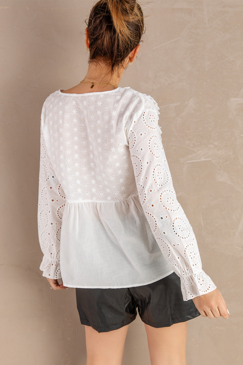 Eyelet Tie-Neck Long Flounce Sleeve Peplum Blouse