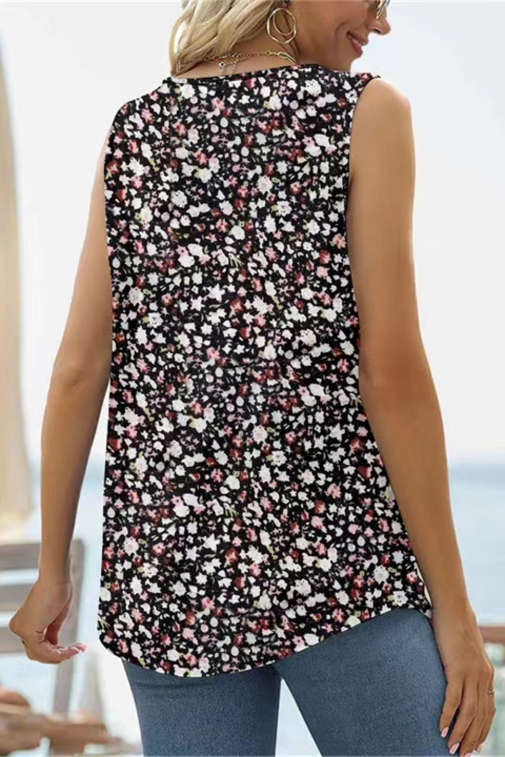 Printed Square Neck Curved Hem Tank