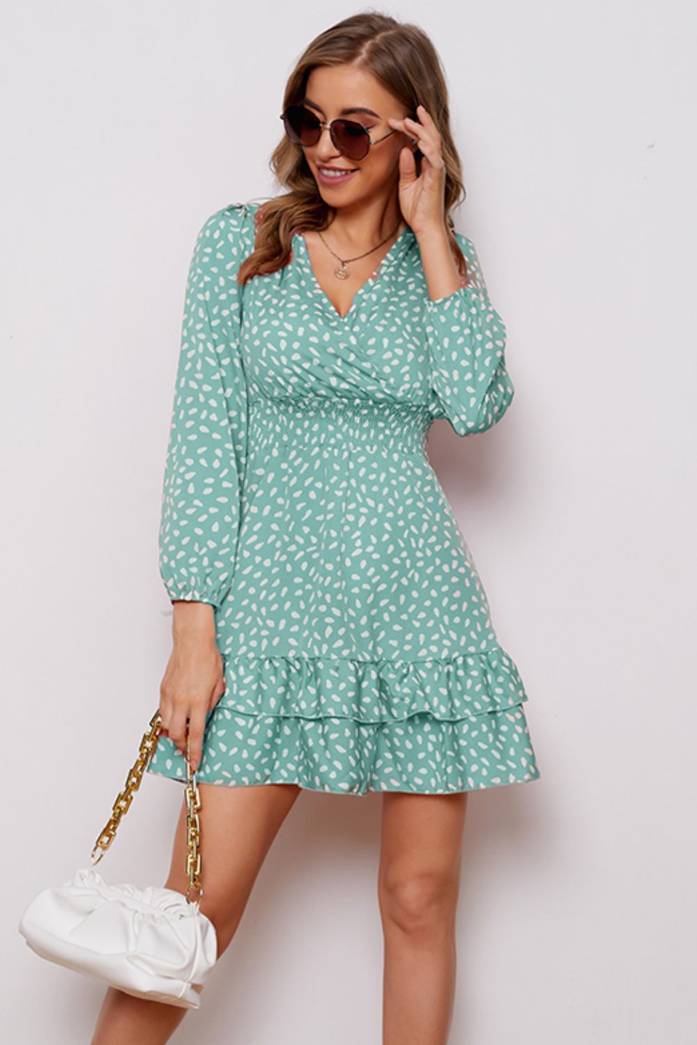 Printed Surplice Neck Puff Sleeve Ruffle Hem Dress