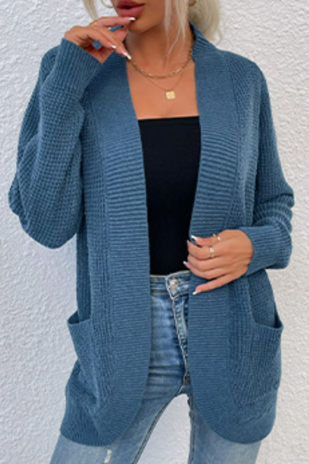 Ribbed Trim Longline Cardigan with Pockets