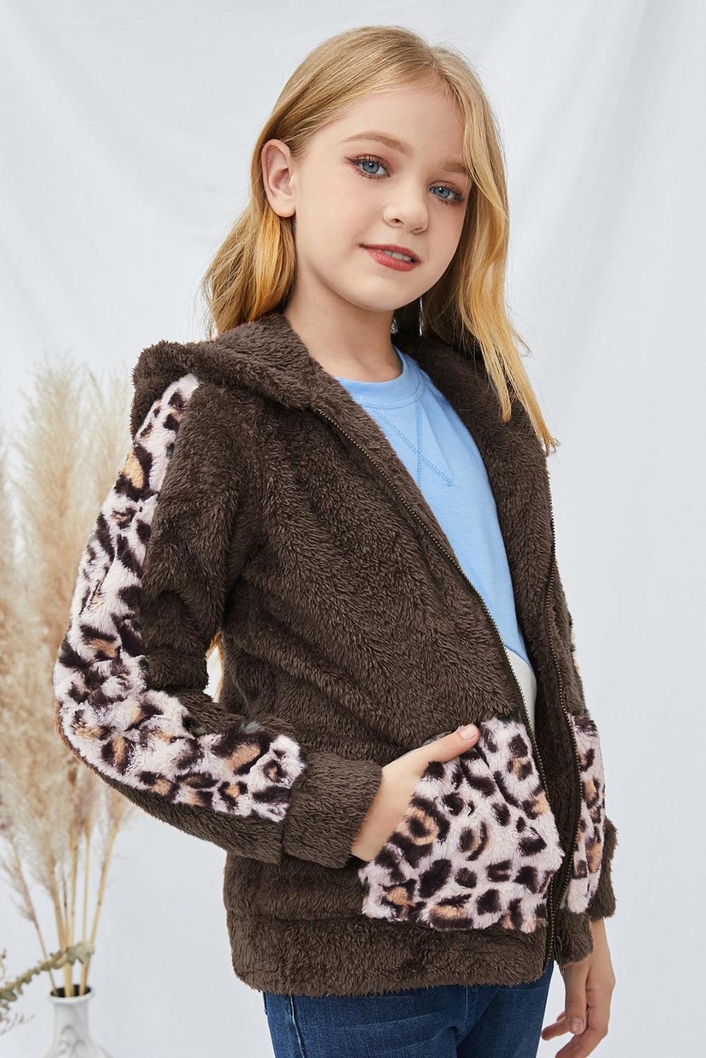 Kids Leopard Zip-Up Hooded Jacket with Pockets