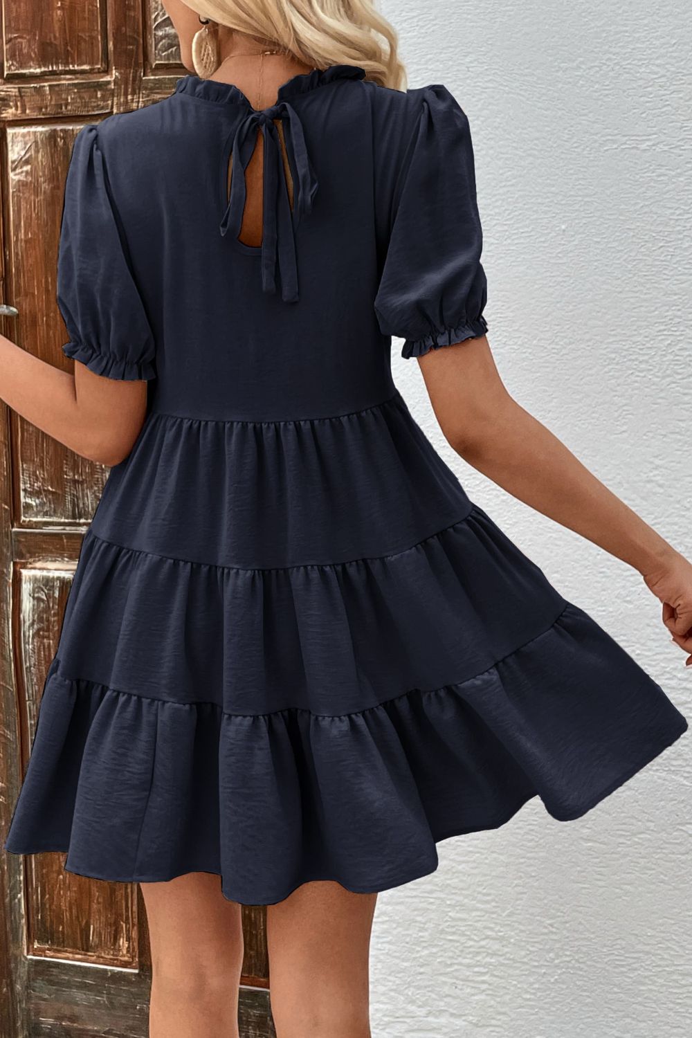 Puff Sleeve Tie Back Tiered Dress