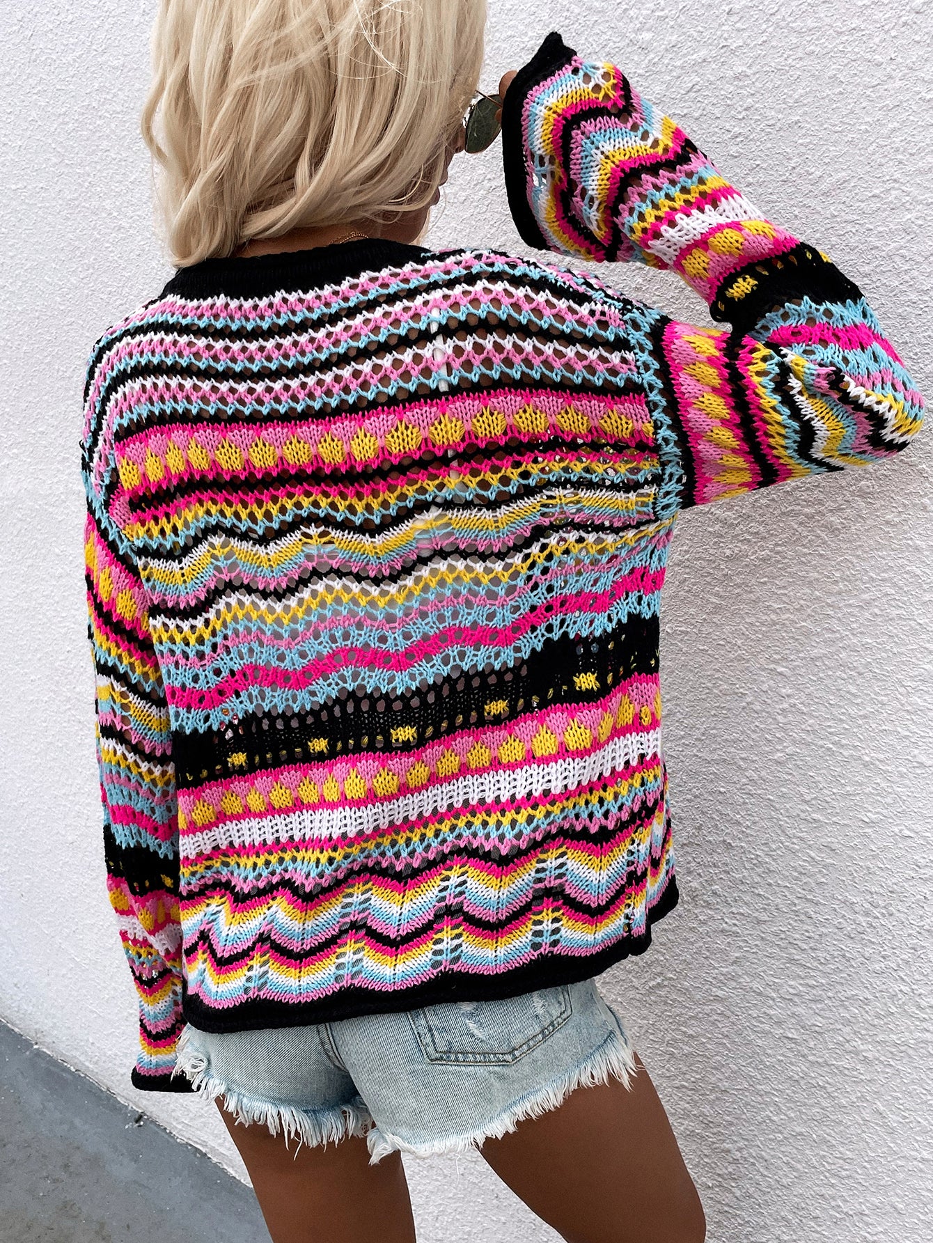 Chevron Stripes Openwork Cardigan